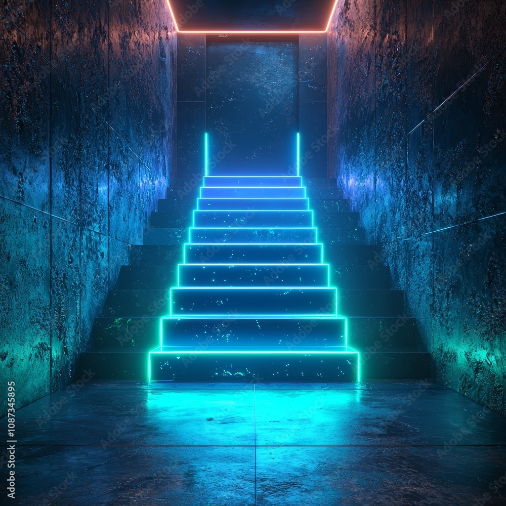 Poster futuristic digital art style representing progress and innovation with neon stairs leading to an ill