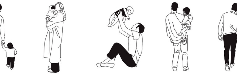 Hand-drawn doodle family border. Outline family clipart. Hand-drawn black art.