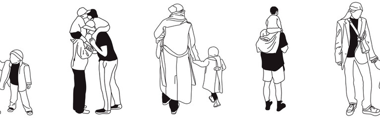 Hand-drawn doodle family border. Outline family clipart. Hand-drawn black art.