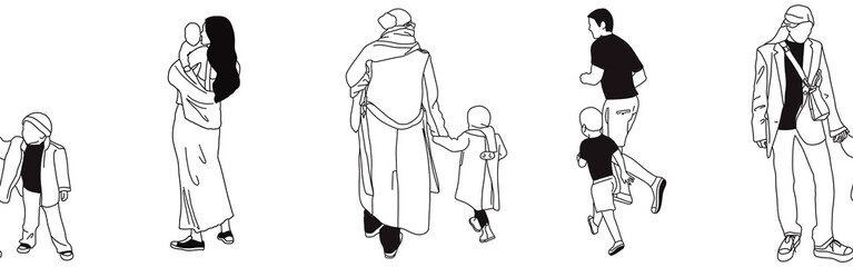 Hand-drawn doodle family border. Outline family clipart. Hand-drawn black art.