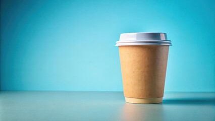 A single takeaway coffee cup with a white lid stands on a light blue surface against a blue background.