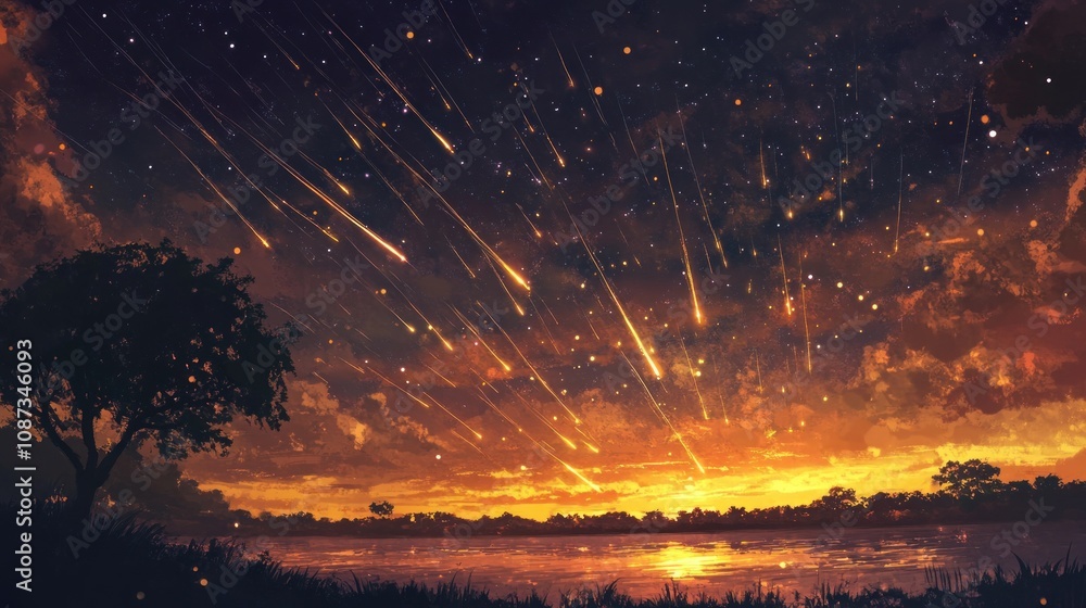 Aufkleber create an image of a meteor shower, with countless meteors lighting up the sky.