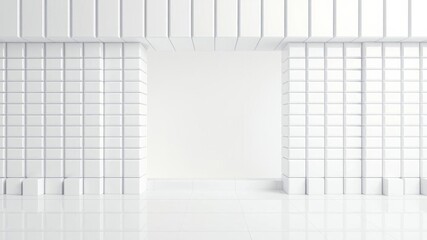 Futuristic 3D render of white wall square background created with polished tile blocks, white, tiles, background
