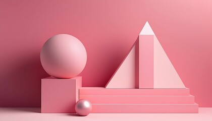 pink and white geometric shapes a sphere on top of a cube on the left side a pyramid shape in the front right minimal background a still life a pastel color palette soft lighting a natural look