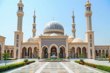 Fototapeta premium Mosque Stands Majestic with Ornate Details and Tranquil Courtyard Fountain Beautifully.