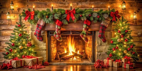 A cozy Christmas fireplace scene with stockings hung by the chimney with care, adorned with festive garland, and illuminated by flickering candles and twinkling lights.