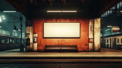 Obraz premium A deserted train station platform with a blank billboard, two benches, and a train in the distance, under a dark, atmospheric sky.