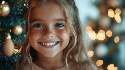 A joyful child with bright eyes smiles warmly next to a Christmas tree adorned with golden ornaments, capturing a festive and heartwarming holiday spirit.