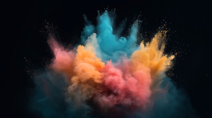 Vibrant colored powder explosion against a black background showcasing dynamic mix of blue, orange, pink, and yellow hues.