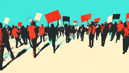 A vibrant illustration of a diverse group of people raising signs in protest, symbolizing unity, activism, and social change.  Bold colors and dynamic composition.