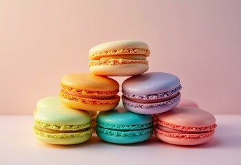 Fototapeta premium Seven colorful macarons stacked in pyramid on soft pink background