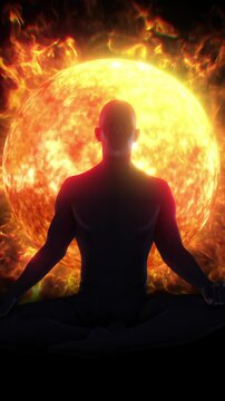 A silhouetted figure sat in a mediation lotus pose, surrounded with pulsating flowing light energy.