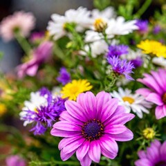 Fototapeta premium Close-up shot of a vibrant bouquet with various flowers, with one flower in sharp focus and the rest softly blurred, capturing the diversity and beauty of the arrangement