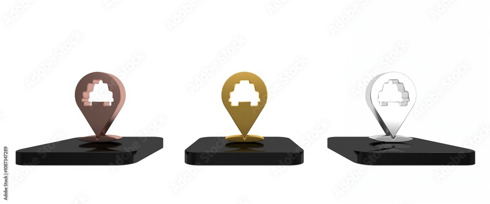 Poster colorful map pointer with taxi icon isolated on white background. location symbol. minimalism concep