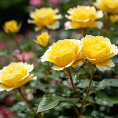 Close-up shot of a cluster of yellow roses in a garden, with one rose in sharp focus and the rest softly fading into the background, showcasing the vibrant and cheerful nature of the flowers