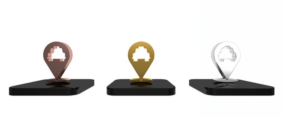 Colorful Map pointer with taxi icon isolated on white background. Location symbol. Minimalism concept. 3D render illustration
