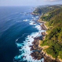 an aerial view of a dramatic ocean coastline with rugged cliffs and crashing waves. Include the...