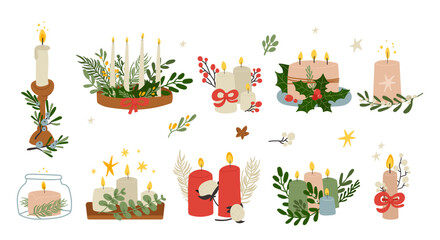 Burning shiny Christmas candles decorated with fir tree branch, mistletoe, bow isolated set