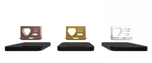 Colorful Dating app online laptop concept icon isolated on white background. Female male profile flat design. Couple match for relationship. Minimalism concept. 3D render illustration