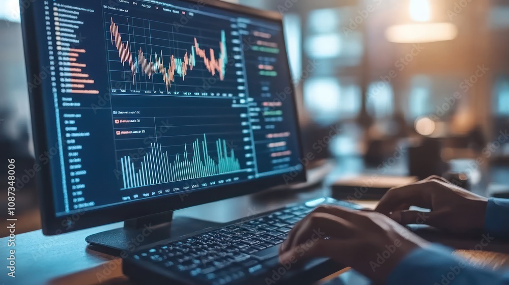 Poster a person analyzing financial charts on a computer screen in a modern office setting.