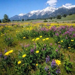 Obraz premium A hip-level, full shot of a wide-open meadow blanketed with colorful wildflowers, stretching toward a distant mountain range. The shot captures the flowers up close, with the mountains providing a stu