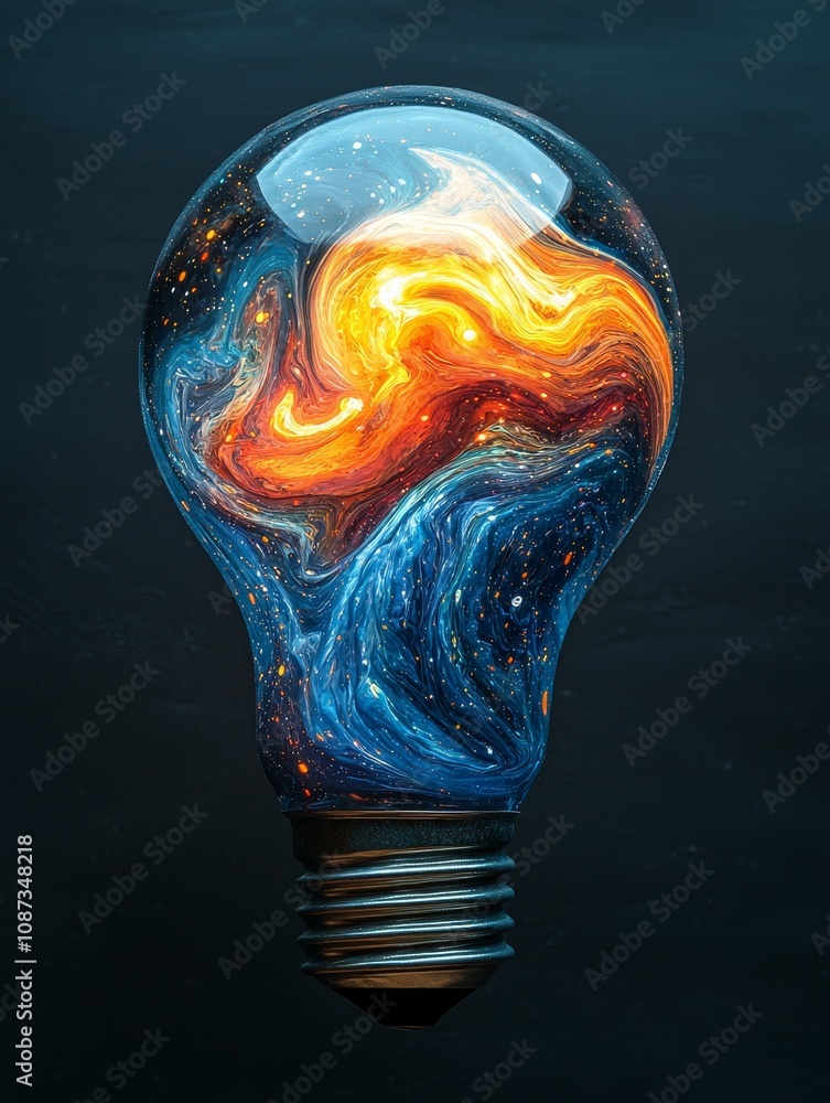 Poster swirling colors inside a light bulb representing cosmic elements and creativity in a captivating vis