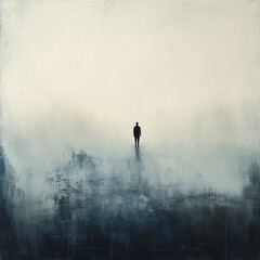 Fototapeta premium Abstract Landscape with Lone Silhouette of a Person in the Distance Surrounded by Mist and Soft Light