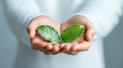 A pair of hands offering two large green leaves in the center of a soft focus background, representing purity, generosity, and the beauty of nature.