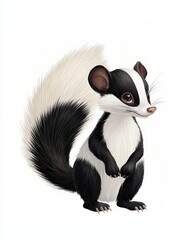 A cute cartoon animal with a fluffy tail, featuring black and white fur, perfect for children's books and playful designs.