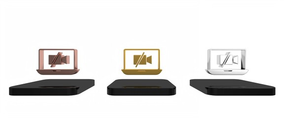 Colorful Video camera Off on laptop screen icon isolated on white background. No video. Minimalism concept. 3D render illustration