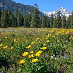 Obraz premium A hip-level, full shot of a wide-open meadow blanketed with colorful wildflowers, stretching toward a distant mountain range. The shot captures the flowers up close, with the mountains providing a stu
