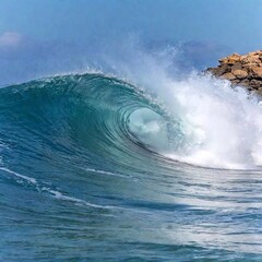 Close-Up Photo of a Wave Curling Before Breaking: A close-up shot capturing the precise moment a wave curls before it crashes down. Deep focus reveals the intricate patterns of the water as it moves, 