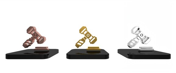 Colorful Judge gavel icon isolated on white background. Gavel for adjudication of sentences and bills, court, justice. Auction hammer. Minimalism concept. 3D render illustration