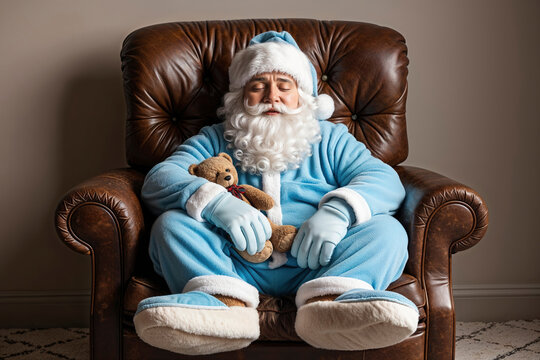 Santa Claus in a moment of relaxation sleeping on a leather armchair with a blue pajama and a teddy bear on his lap