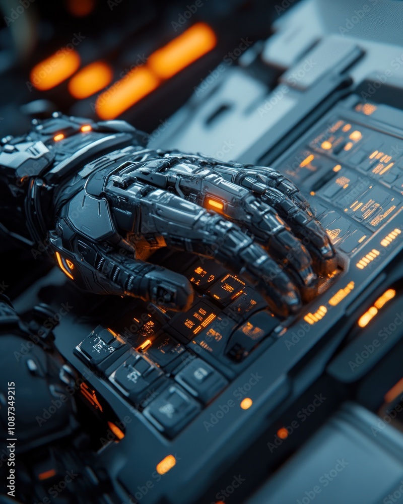 Poster a robotic hand interacts with a glowing keyboard, symbolizing advanced technology.