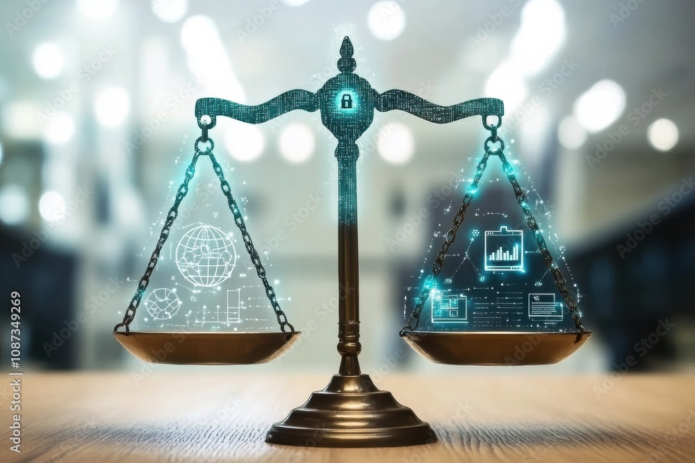 Poster a digital scale balances symbols of data security and technology within an office environment, showc