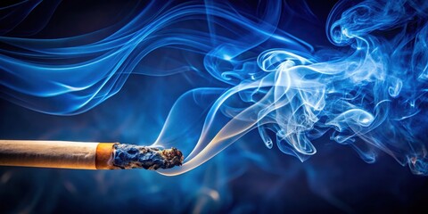 A burning cigarette with wisps of blue smoke curling and swirling in a dynamic dance against a deep blue background.