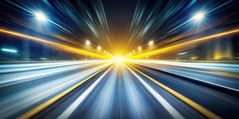 A high speed motion blur of a highway at night with a glowing tunnel ahead