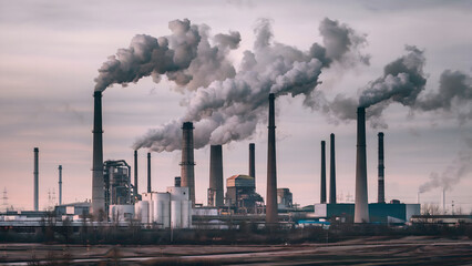 Smoke from a factory. An industrial landscape with numerous chimneys of a thermal power plant emitting thick smoke into the atmosphere. The view emphasizes the scale of heat energy production and its 