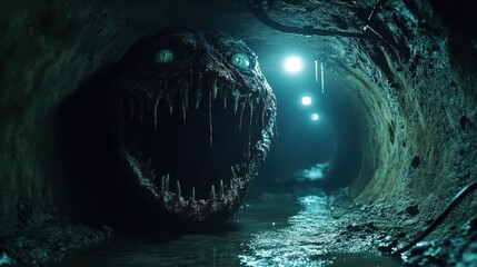 A monstrous creature with sharp teeth hides in a dark, waterlogged tunnel illuminated by eerie lights, evoking fear and suspense in the shadowy setting.