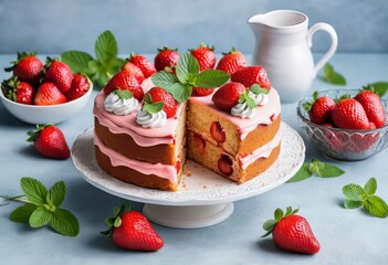 A slice of strawberry cake with fresh strawberries and mint leaves on top