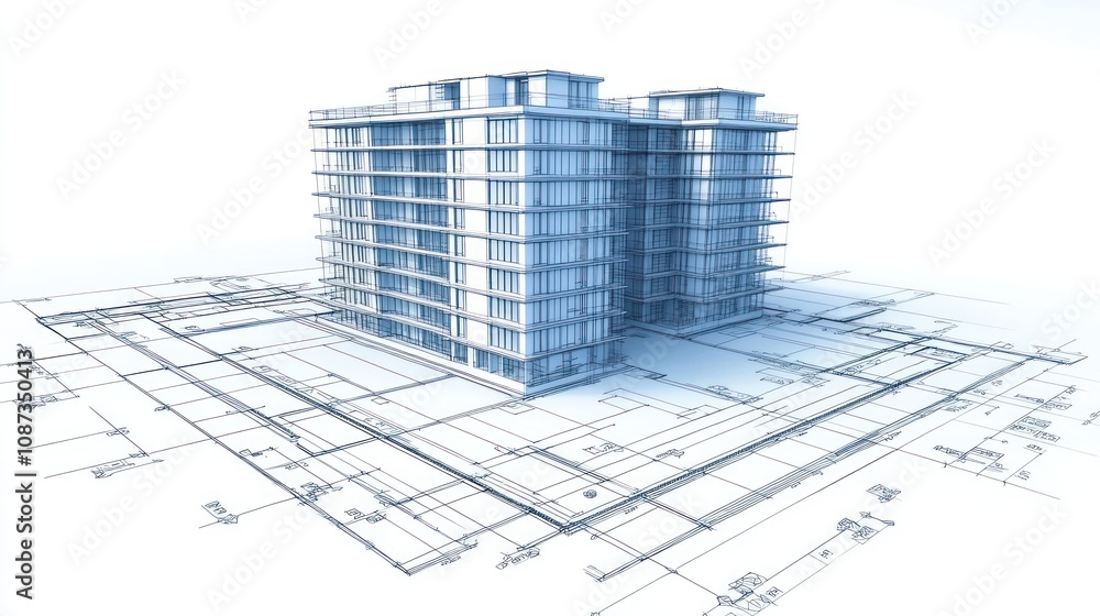 Poster a 3d architectural model of a modern building with blueprints.