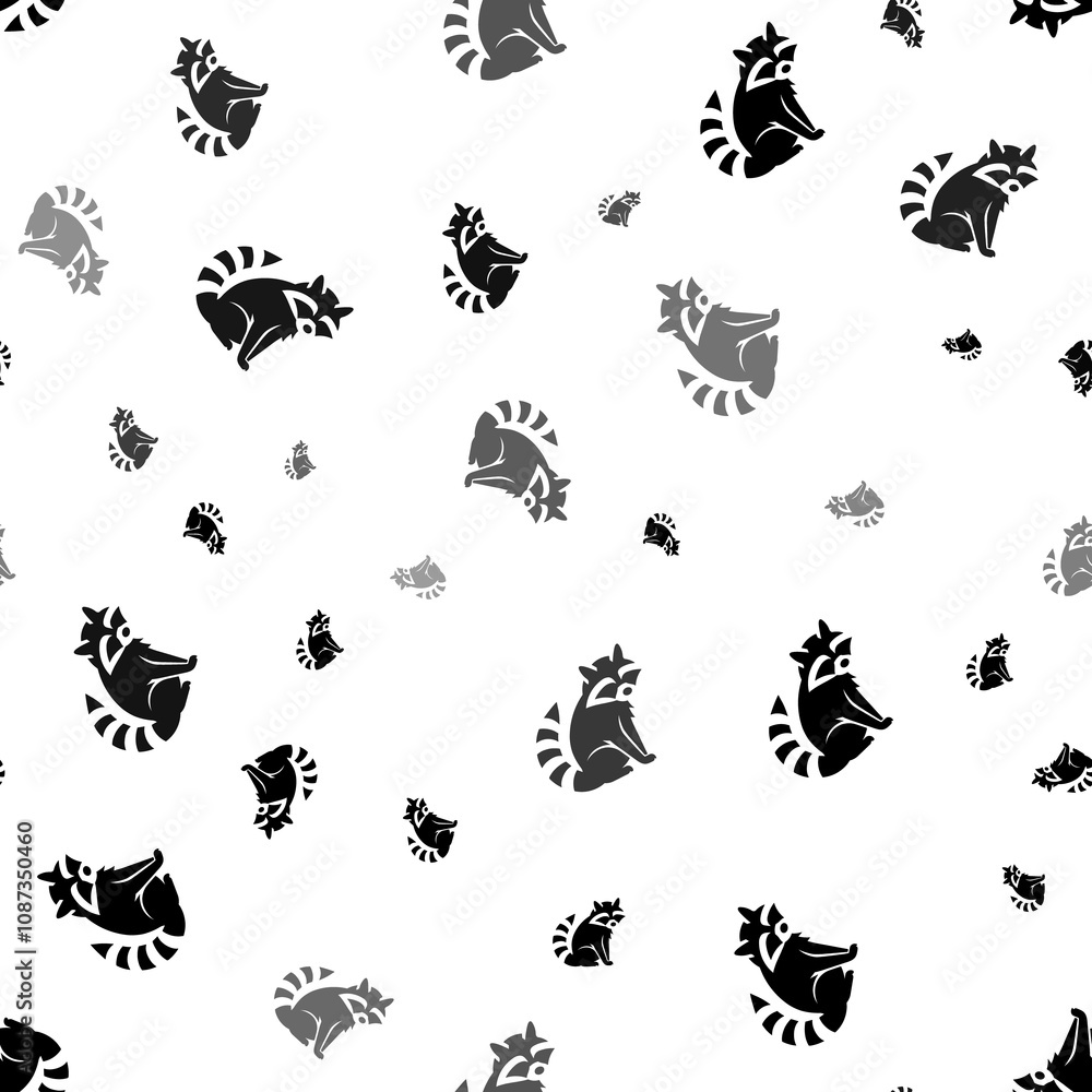 Poster seamless vector pattern with raccoon symbols, creating a creative monochrome background with rotated
