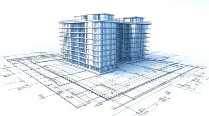 A 3D architectural model of a modern building with blueprints.