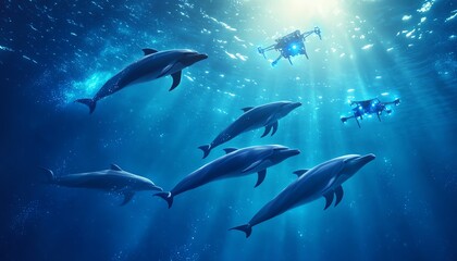 Fototapeta premium A pod of dolphins swims gracefully in a sunlit ocean, with underwater drones observing them from above. A serene underwater scene.