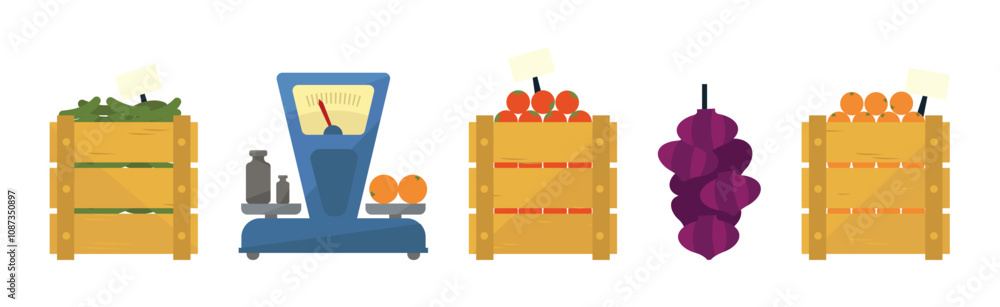 Poster flat fruits and vegetables in wooden crates with scale vector set