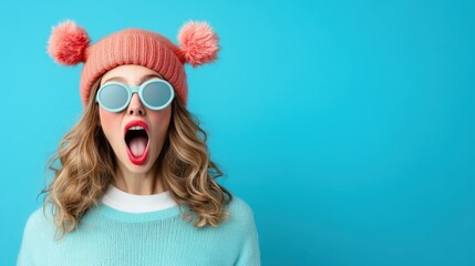 A vibrant portrait of a woman wearing a pink hat and round sunglasses, expressing surprise against a solid turquoise backdrop, highlighting style and emotion.