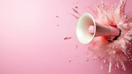 A dynamic image of a pink megaphone that appears to be exploding, symbolizing loudness and communication, set against a pale pink backdrop, evoking energy and impact.