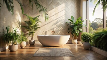 A Luxurious Bathroom with a Freestanding Tub, Lush Greenery, and Natural Sunlight Filtering Through a Window
