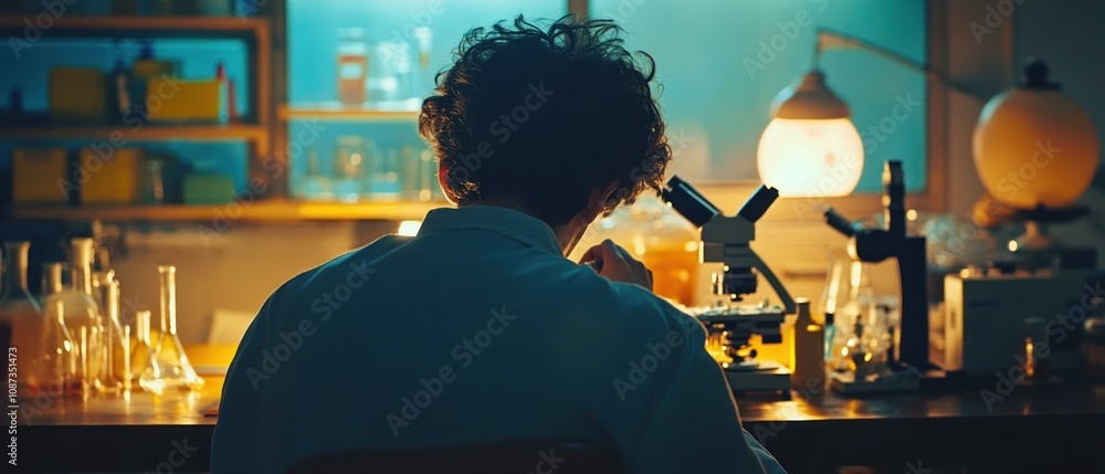 Poster a scientist examines samples under a microscope in a laboratory filled with glassware.
